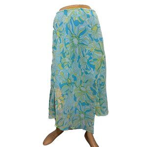 Lane Bryant 14/16 Blue Green Y2K Fairy Floral Midi Skirt Slits Asymmetric Hem